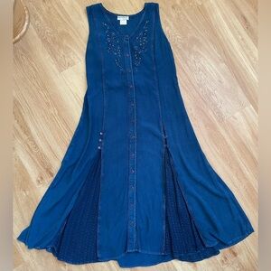 Vintage denim dress midi sleeveless v-neck blue beaded large NorthStyle retro